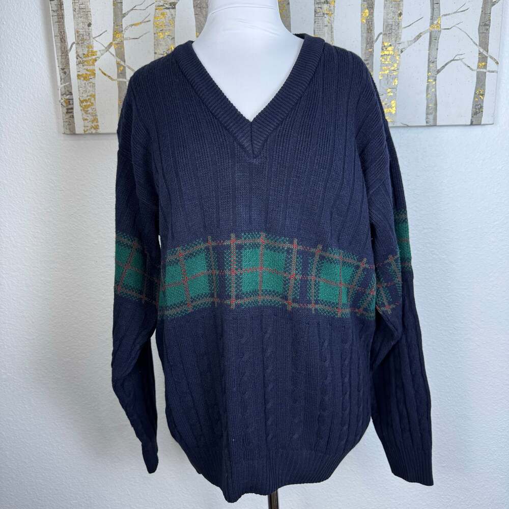 Vintage Fairways & Greens Argyle Plaid Stripe V Neck Golf Sweater Navy Green XXL